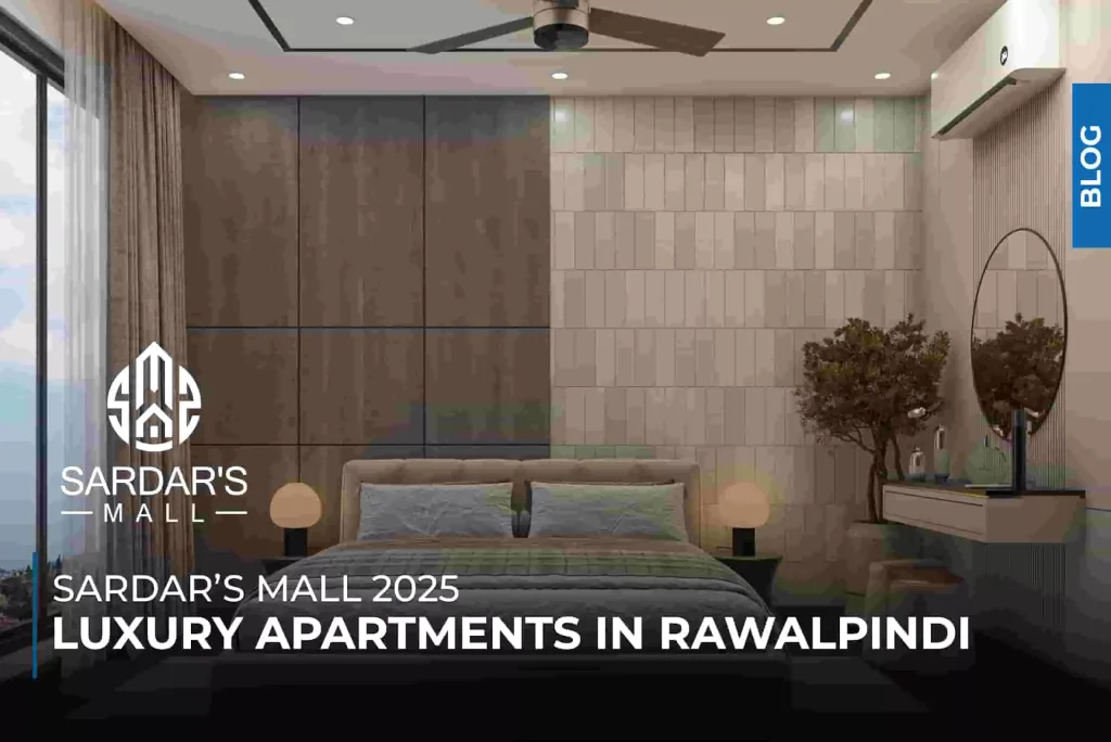 Modern luxury bedroom interior at Sardar’s Mall 2025 – upscale apartments in Rawalpindi with contemporary design, large window, and warm wooden accents.