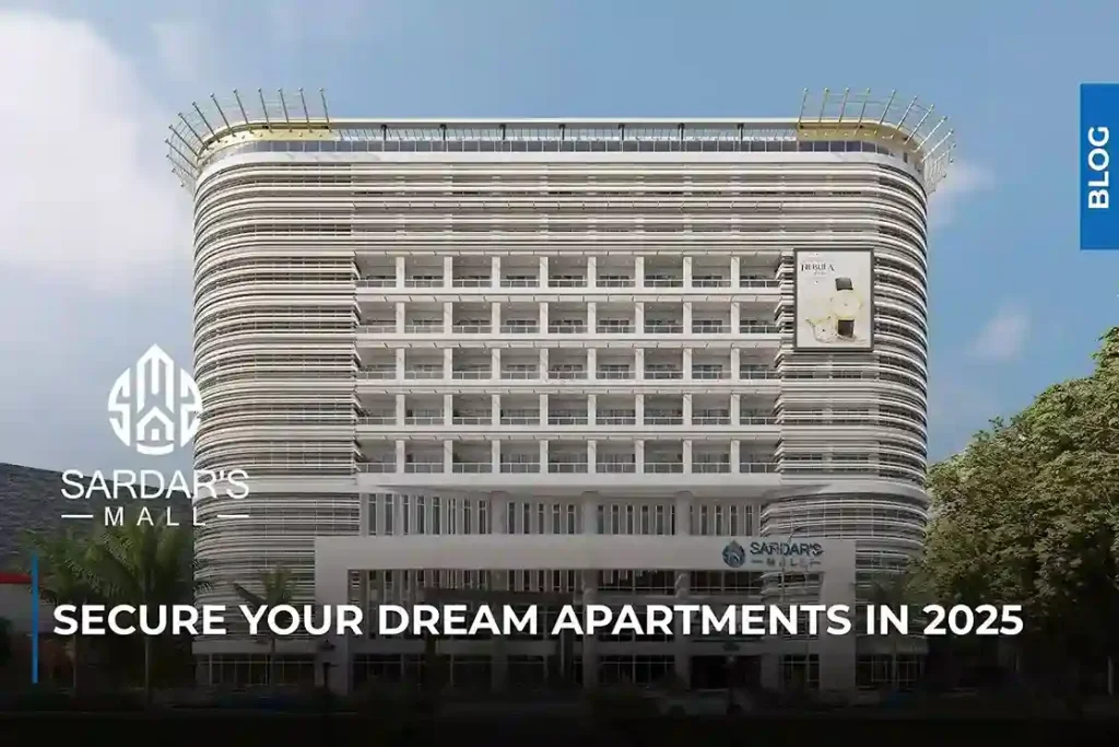 Modern facade of Sardar’s Mall Rawalpindi with blog title Secure Your Dream Apartment in 2025