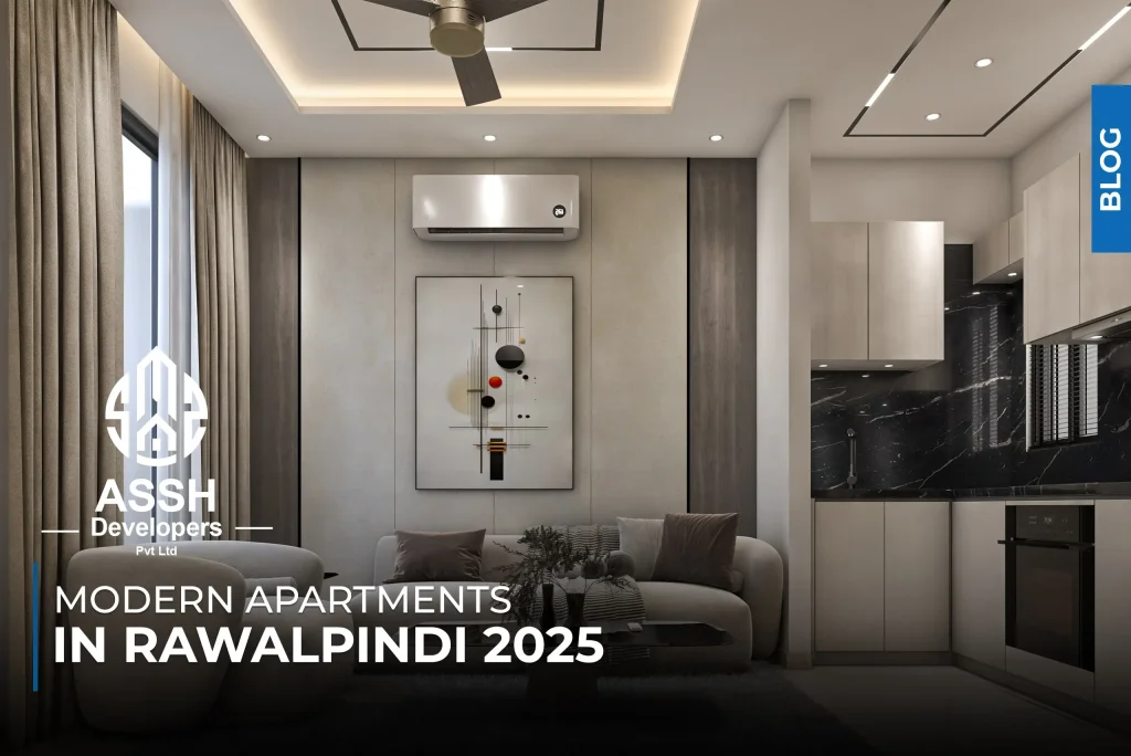 Modern apartment interior in Rawalpindi 2025 at Sardar’s Mall, featuring contemporary living room and open kitchen design